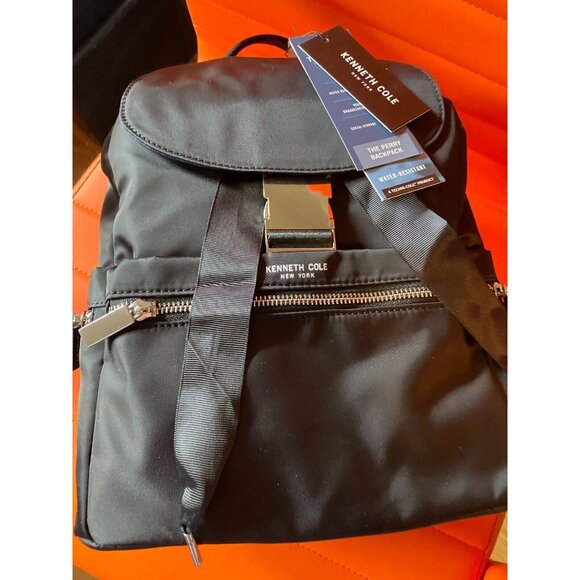 Kenneth Cole NY Hanover Backpack Black Shiny Nylon Double-Zip-around Silver NWT main image 4